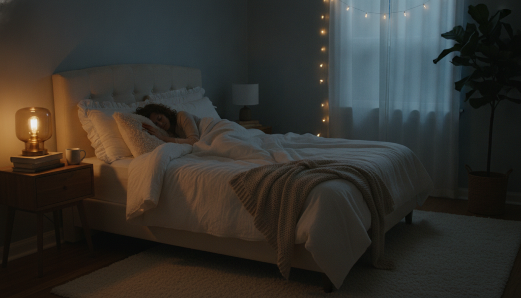 A tranquil bedroom scene at night with a person sleeping soundly in a cozy bed The room is dimly lit with warm soft ligh