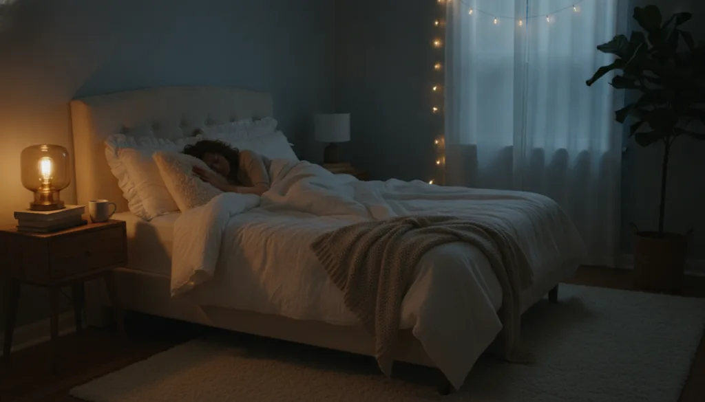 A tranquil bedroom scene at night with a person sleeping soundly in a cozy bed The room is dimly lit with warm soft ligh