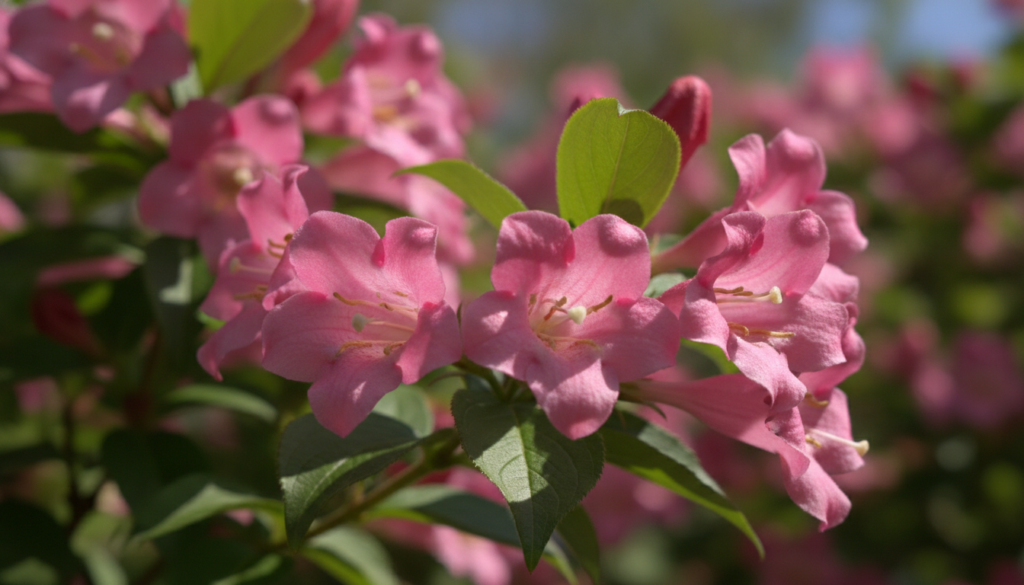 Close-up of vibrant pink Weigela flowers in full bloom with lush green foliage bright sunshine