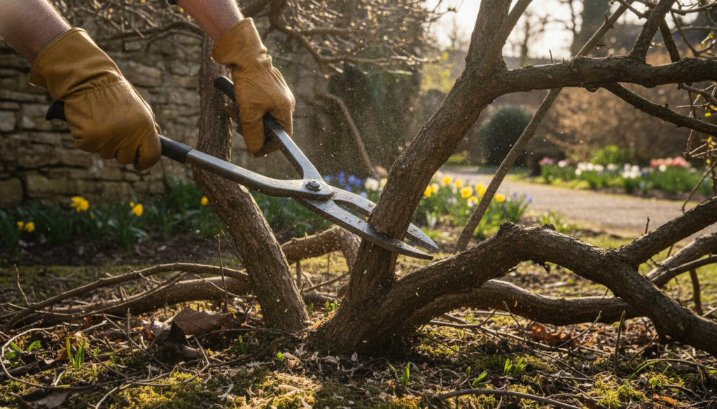 Gardener using sharp bypass loppers to prune an overgrown shrub cutting a thick old stem close to the ground Focus on th