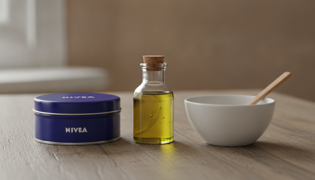 Ingredients for homemade face cream a classic blue tin of Nivea cream a small bottle of olive oil and a small empty mixi
