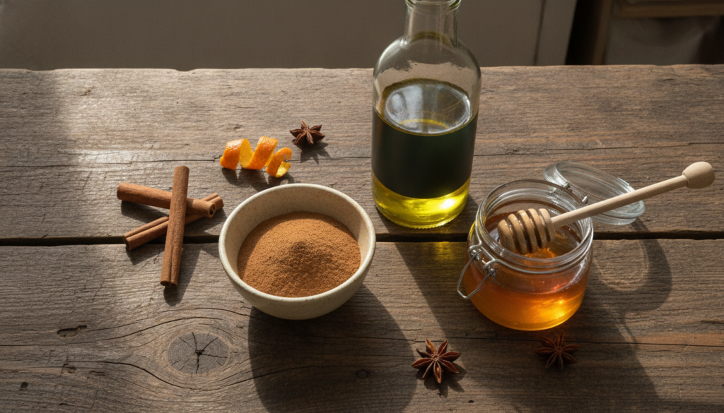Ingredients for a cinnamon hair mask including cinnamon powder olive oil and honey neatly arranged on a rustic wooden su