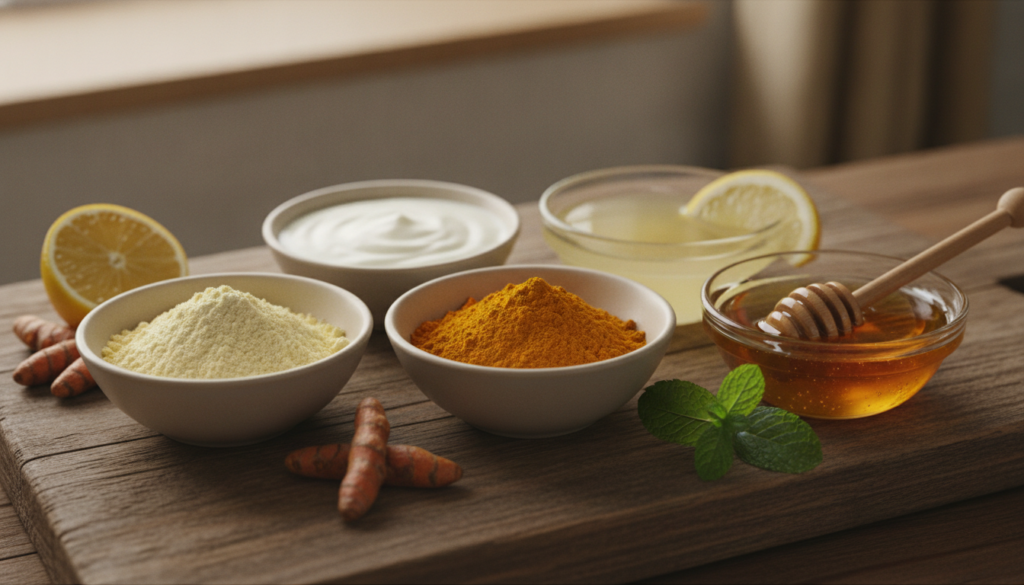 Ingredients for a DIY dark spot mask laid out gram flour yogurt turmeric lemon honey in small bowls with a mixing bowl a