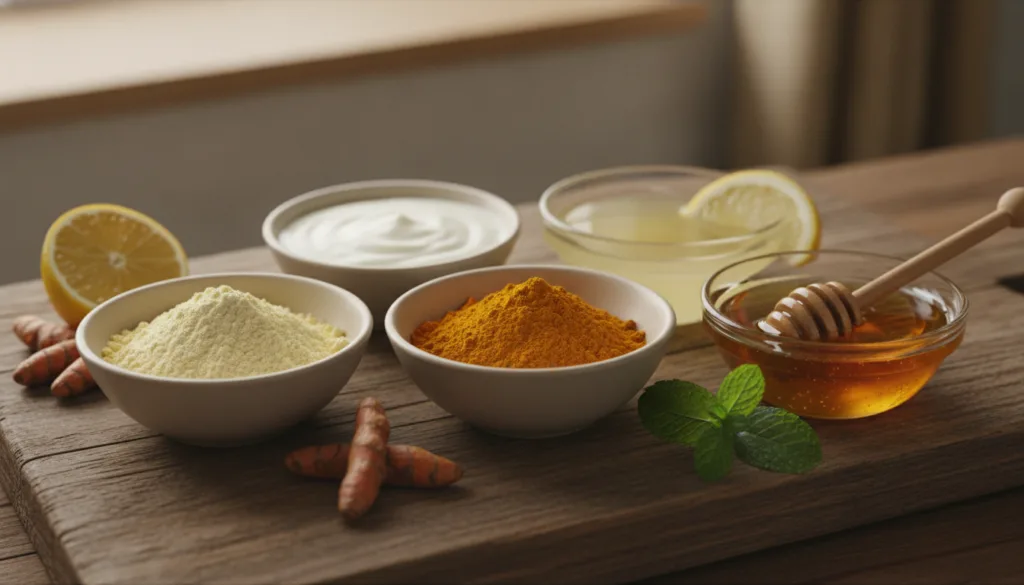 Ingredients for a DIY dark spot mask laid out gram flour yogurt turmeric lemon honey in small bowls with a mixing bowl a