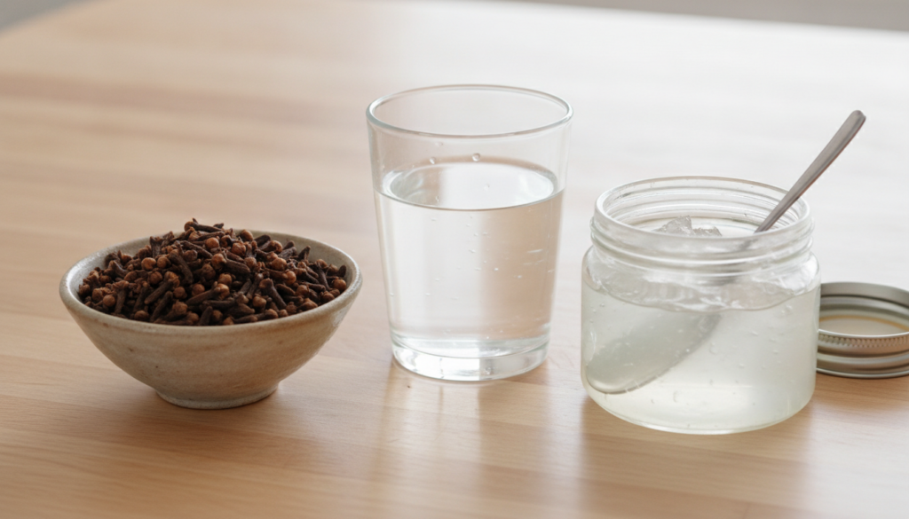 Ingredients for clove gel a small bowl of whole cloves a glass of water and a jar of aloe vera gel on a natural wood sur