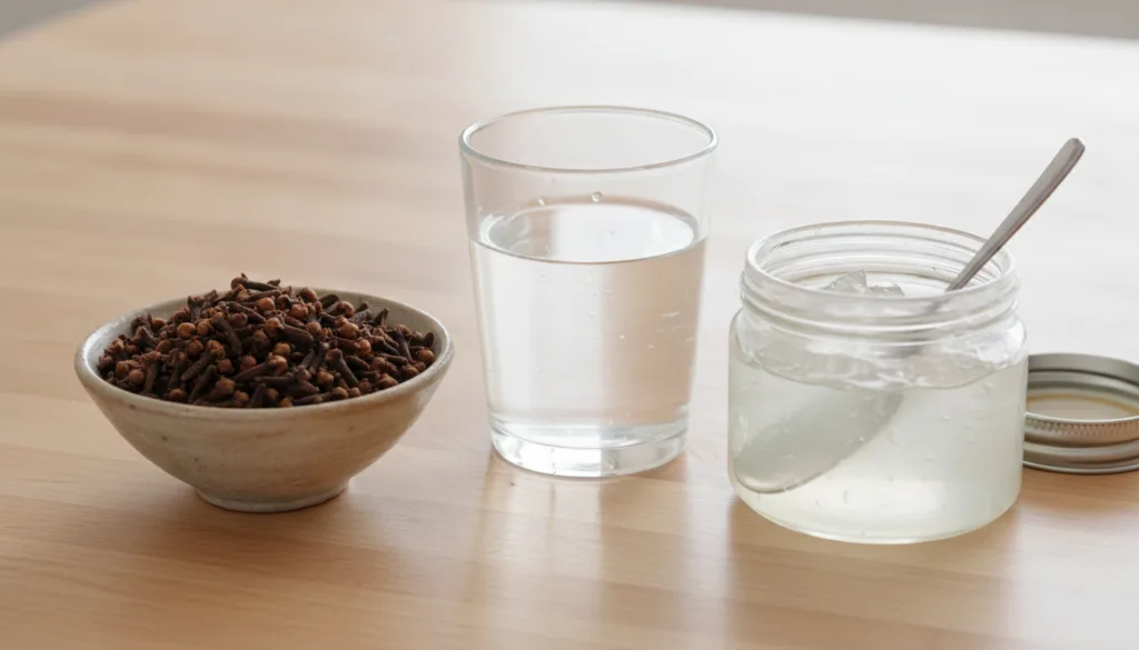 Ingredients for clove gel a small bowl of whole cloves a glass of water and a jar of aloe vera gel on a natural wood sur