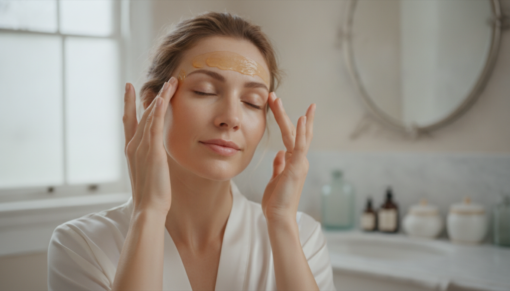 A woman gently applying the homemade clove gel to her forehead with her fingertips in a soft focus bathroom setting