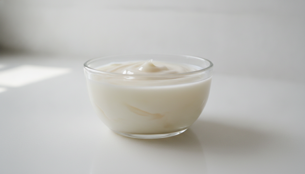 A close-up of a bowl containing a mixture of Vaseline and milk with a small spoon or spatula for mixing set on a clean l