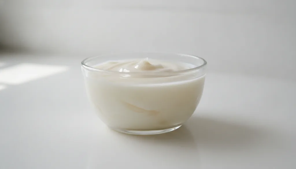 A close-up of a bowl containing a mixture of Vaseline and milk with a small spoon or spatula for mixing set on a clean l