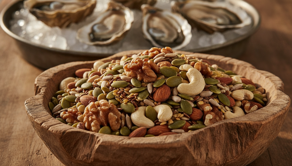A bowl of mixed nuts and seeds with oysters in the background representing zinc-rich foods