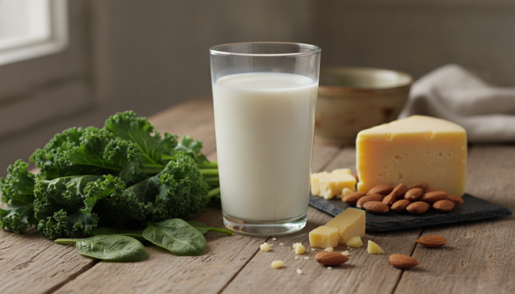 A glass of milk surrounded by various calcium-rich foods like leafy greens cheese and almonds