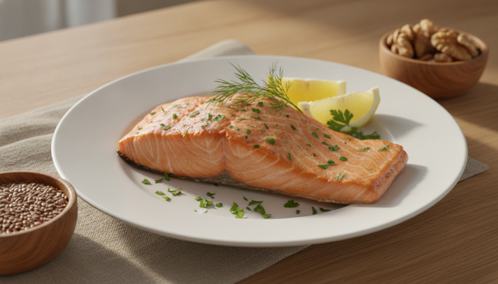 A plate of salmon fillet with flaxseeds and walnuts representing omega-3 rich foods