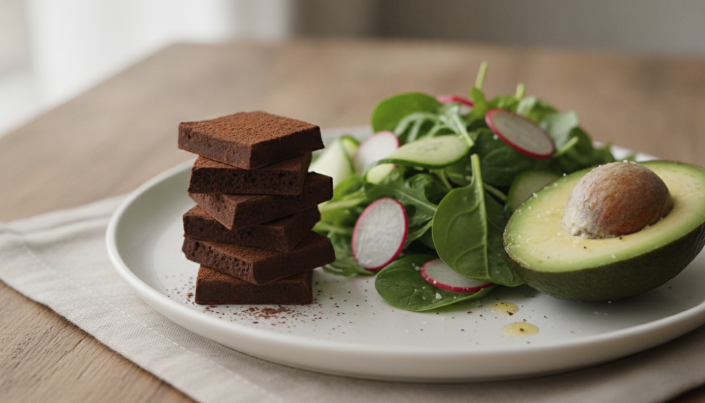 A plate of dark chocolate squares with a side of leafy greens and an avocado showing magnesium-rich foods