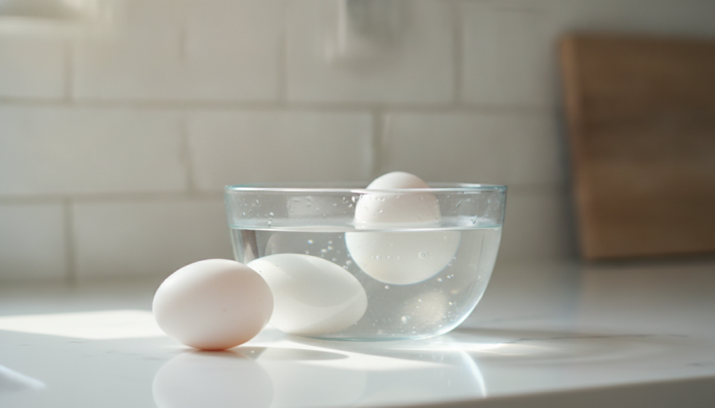 A clear glass bowl filled with water containing three eggs One egg is lying flat at the bottom indicating freshness anot
