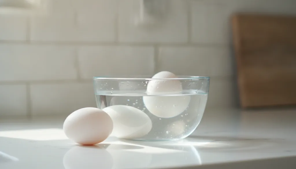 A clear glass bowl filled with water containing three eggs One egg is lying flat at the bottom indicating freshness anot