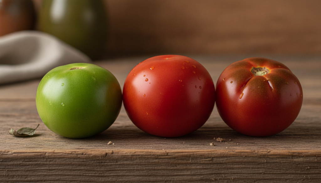 Three tomatoes demonstrating different stages of ripeness one bright green unripe one rich red perfectly ripe and one sl
