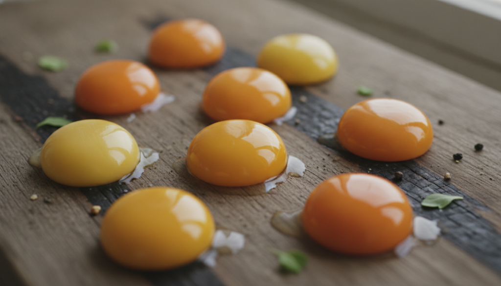 A variety of egg yolks in different shades of yellow and orange laid out in a visually appealing way to highlight the co