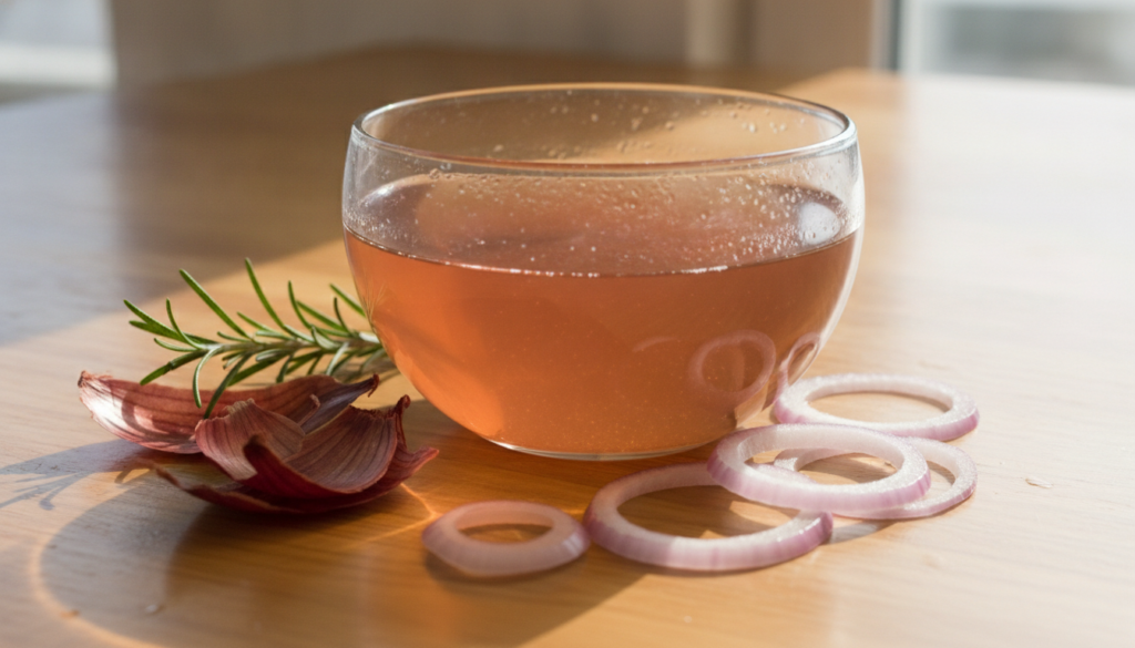 A close-up shot of a clear glass bowl with freshly prepared red onion hair rinse showcasing the liquid s subtle reddish-