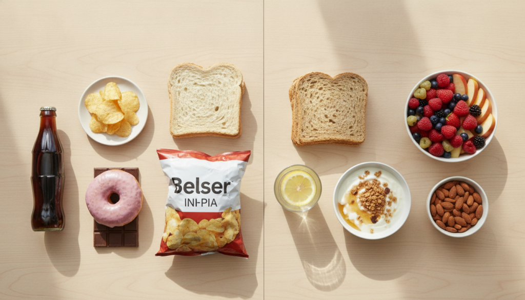 A vibrant flat lay of various healthy food swaps One side shows less healthy options like soda white bread and chips whi