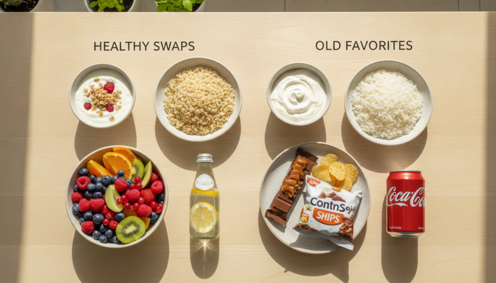A visual representation of various healthy food swaps like Greek yogurt next to sour cream whole-grain bread next to whi