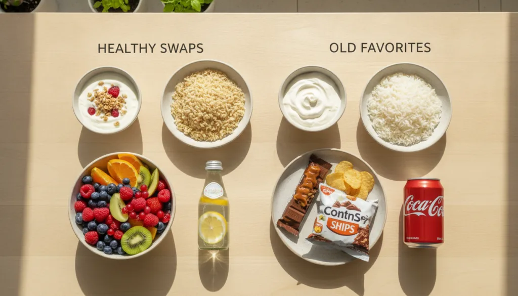 A visual representation of various healthy food swaps like Greek yogurt next to sour cream whole-grain bread next to whi