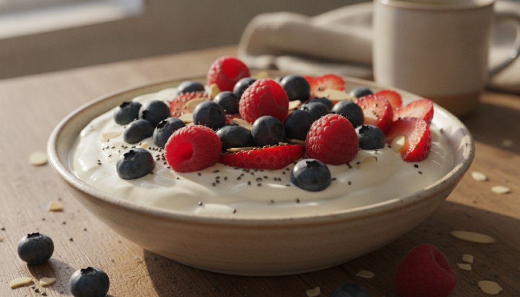 A vibrant and appealing breakfast bowl with plain yogurt fresh berries and a sprinkle of nuts and seeds illustrating a h
