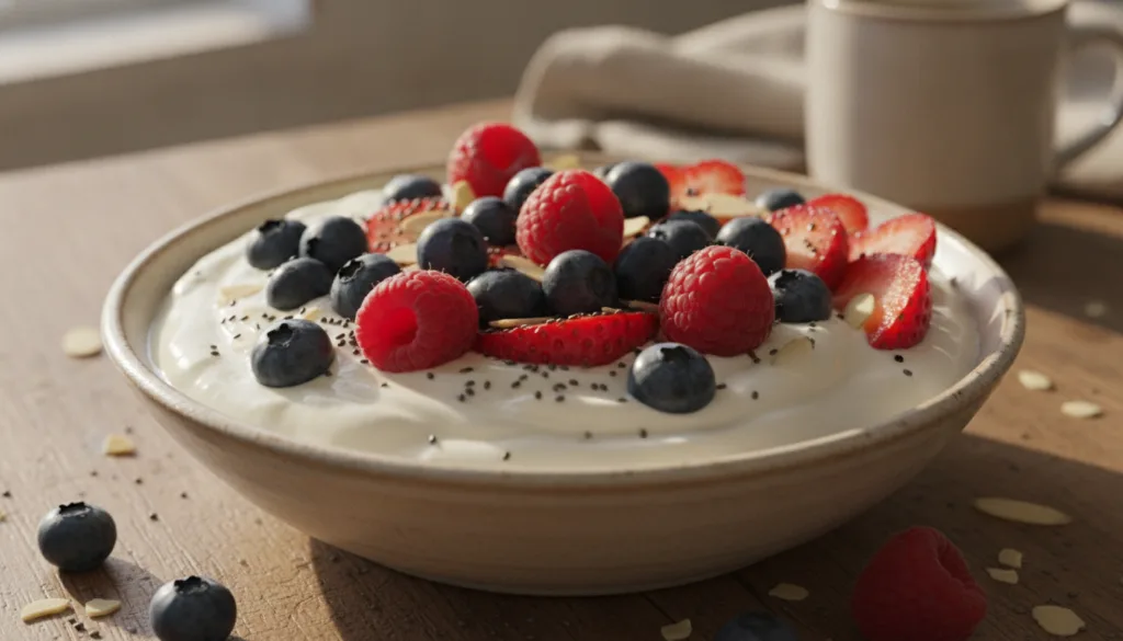 A vibrant and appealing breakfast bowl with plain yogurt fresh berries and a sprinkle of nuts and seeds illustrating a h