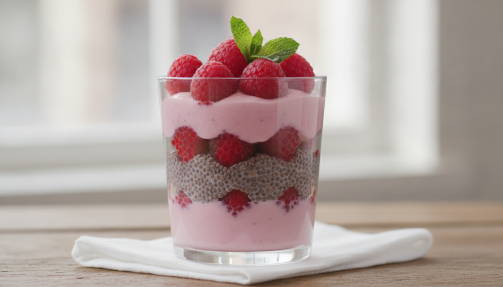 A beautifully layered raspberry chia parfait in a clear glass garnished with fresh raspberries and mint