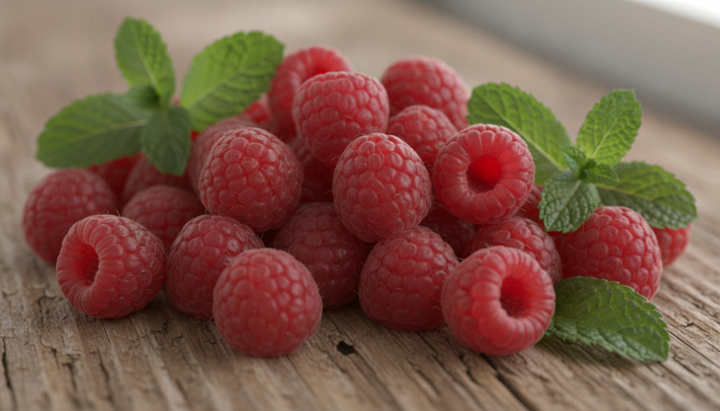 Close-up of fresh red raspberries with a few green mint leaves