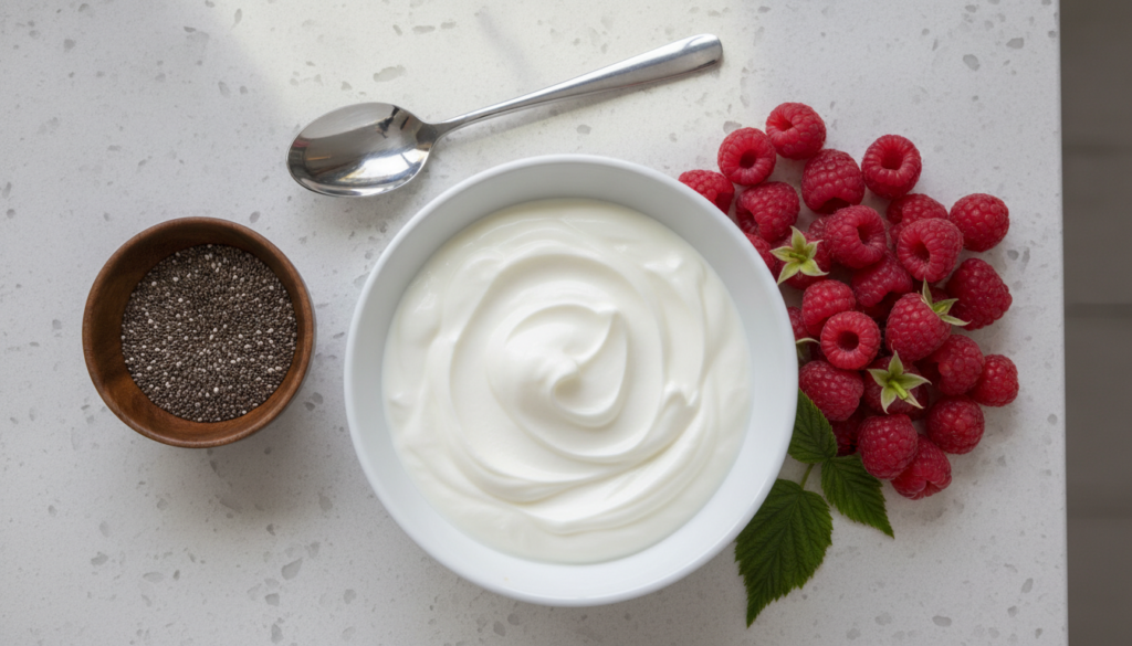 Ingredients for raspberry chia parfait laid out on a kitchen counter Greek yogurt chia seeds raspberries and a spoon