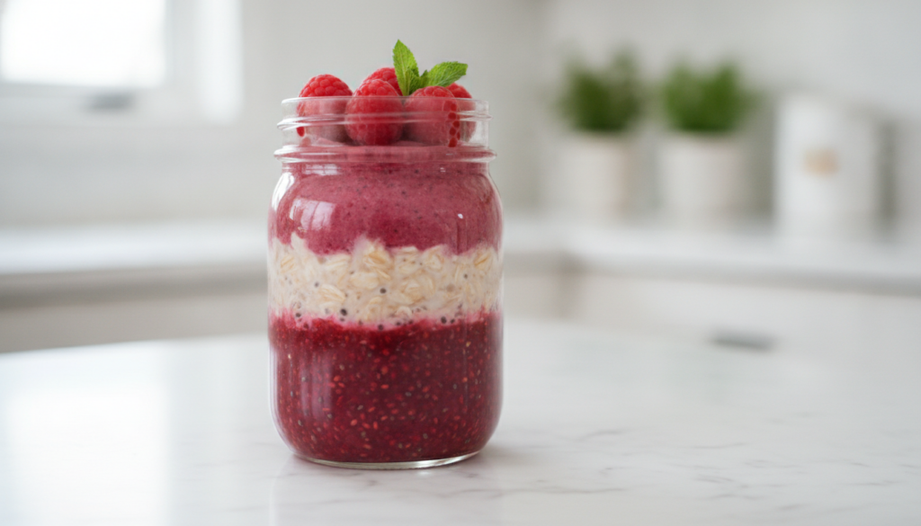 A close-up shot of Raspberry Chia Jam Overnight Oats in a glass jar topped with fresh raspberries a sprinkle of chia see
