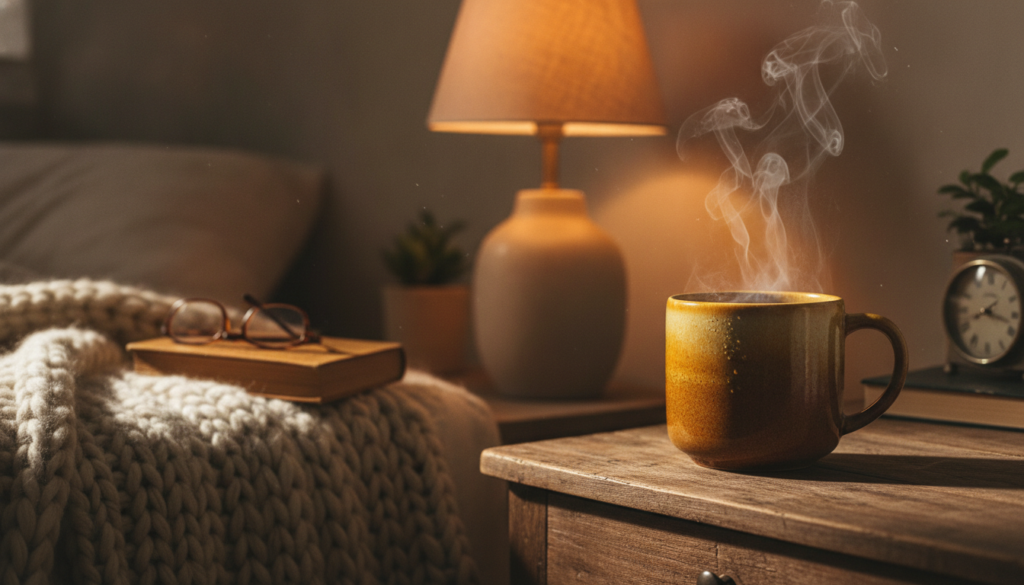A cozy nighttime scene with a warm mug of the lemon garlic and clove elixir a soft blanket and a glowing bedside lamp Th