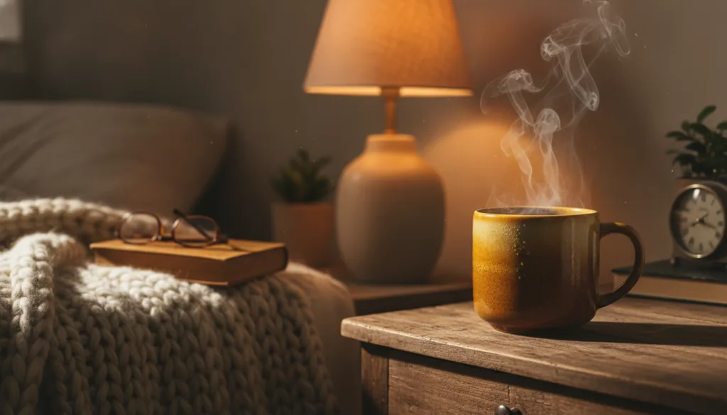 A cozy nighttime scene with a warm mug of the lemon garlic and clove elixir a soft blanket and a glowing bedside lamp Th
