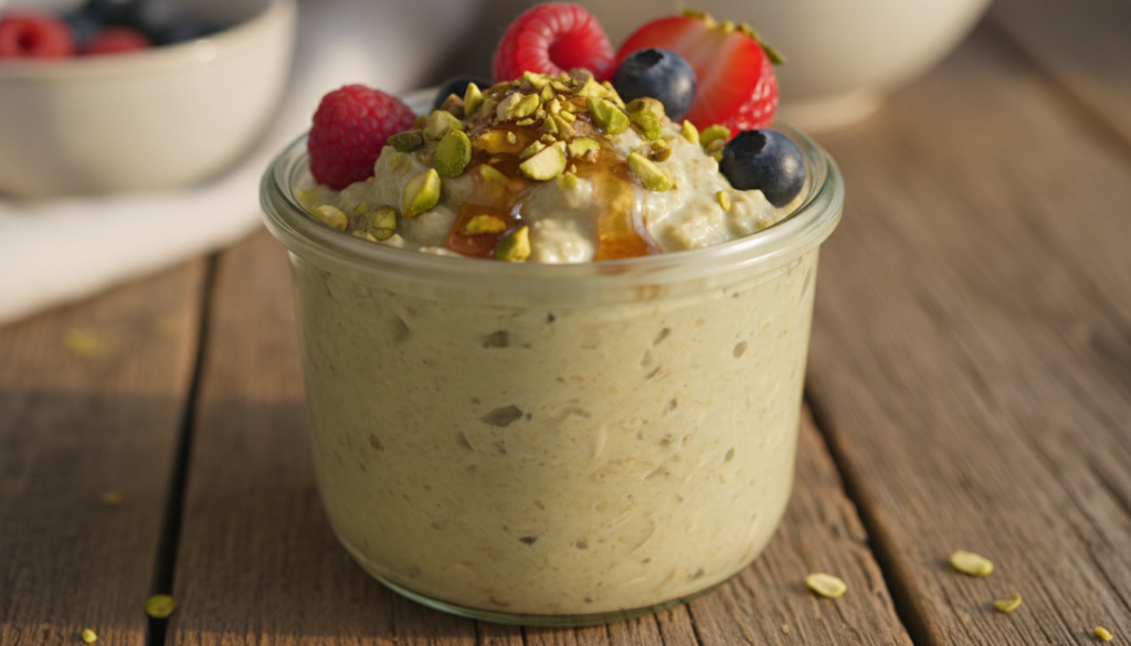 A glass jar filled with creamy pistachio overnight oats topped with chopped pistachios a drizzle of maple syrup and a fe