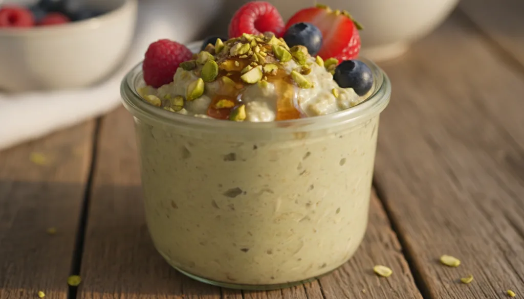 A glass jar filled with creamy pistachio overnight oats topped with chopped pistachios a drizzle of maple syrup and a fe