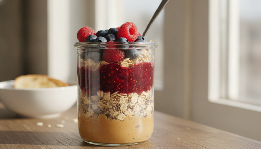 A jar of peanut butter and jam overnight oats showing distinct layers of oats peanut butter and fruit jam topped with fr