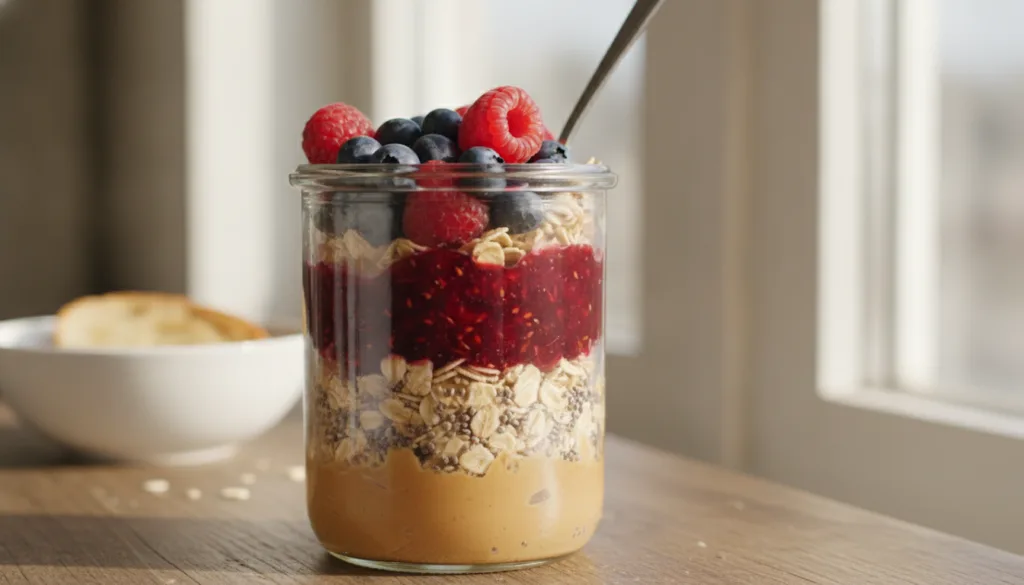 A jar of peanut butter and jam overnight oats showing distinct layers of oats peanut butter and fruit jam topped with fr