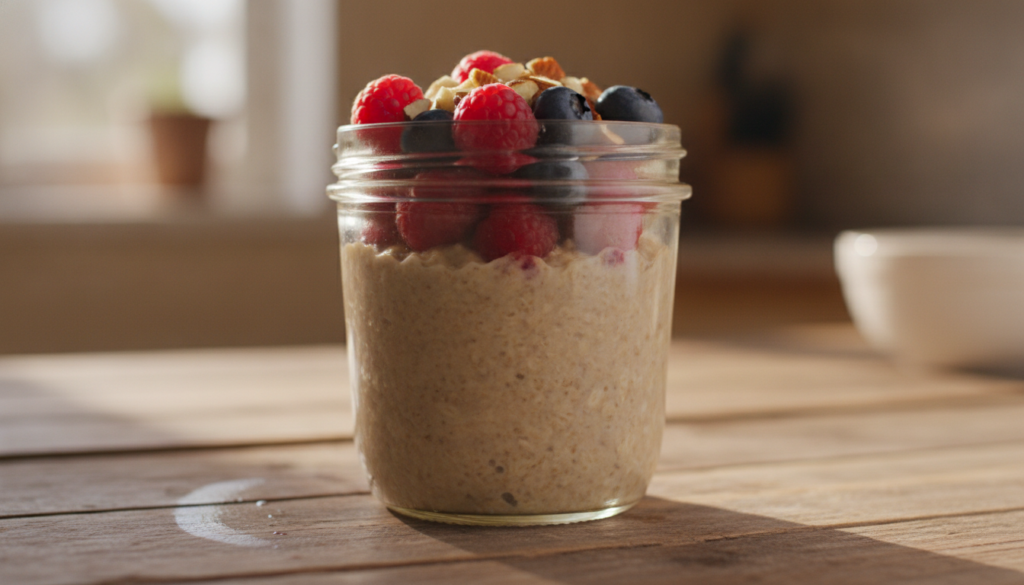 A glass jar filled with creamy blended overnight oats garnished with fresh berries and a sprinkle of nuts presented on a