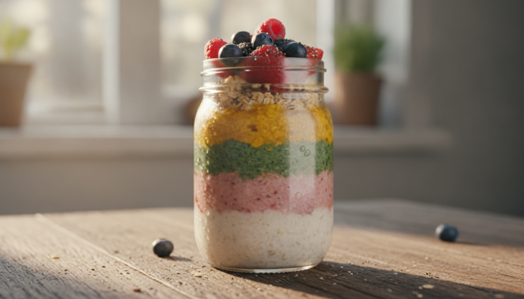 A close-up shot of a mason jar filled with colorful overnight oats showing layers of oats fruit and nuts ready to eat