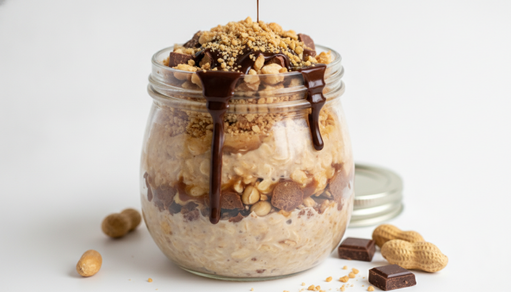 A beautifully presented jar of Snickers overnight oatmeal garnished with crushed peanuts and a drizzle of chocolate read