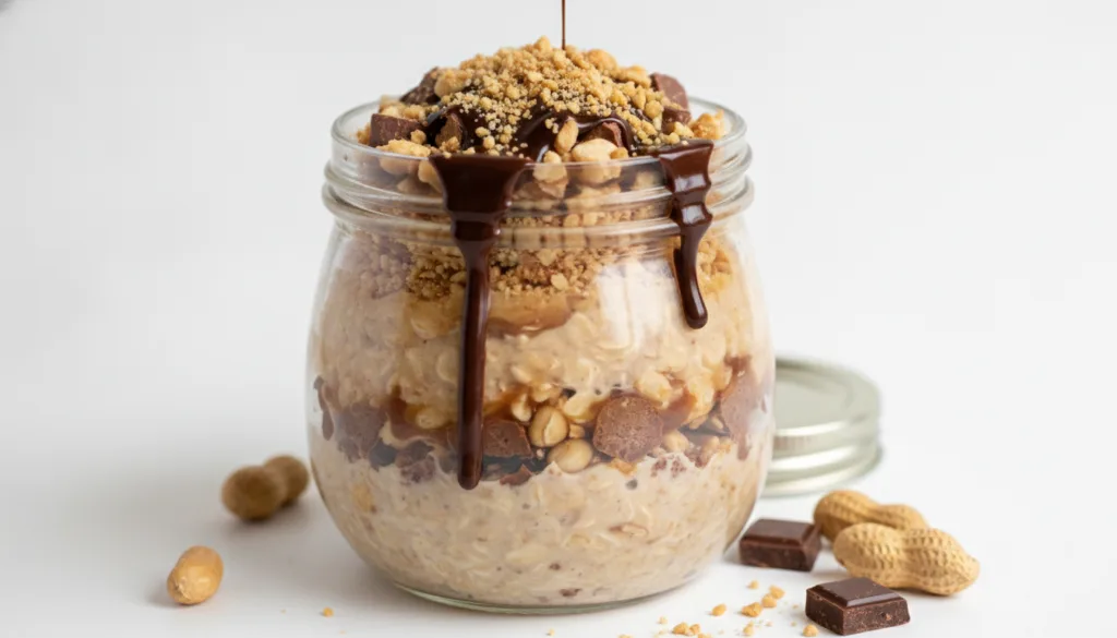 A beautifully presented jar of Snickers overnight oatmeal garnished with crushed peanuts and a drizzle of chocolate read