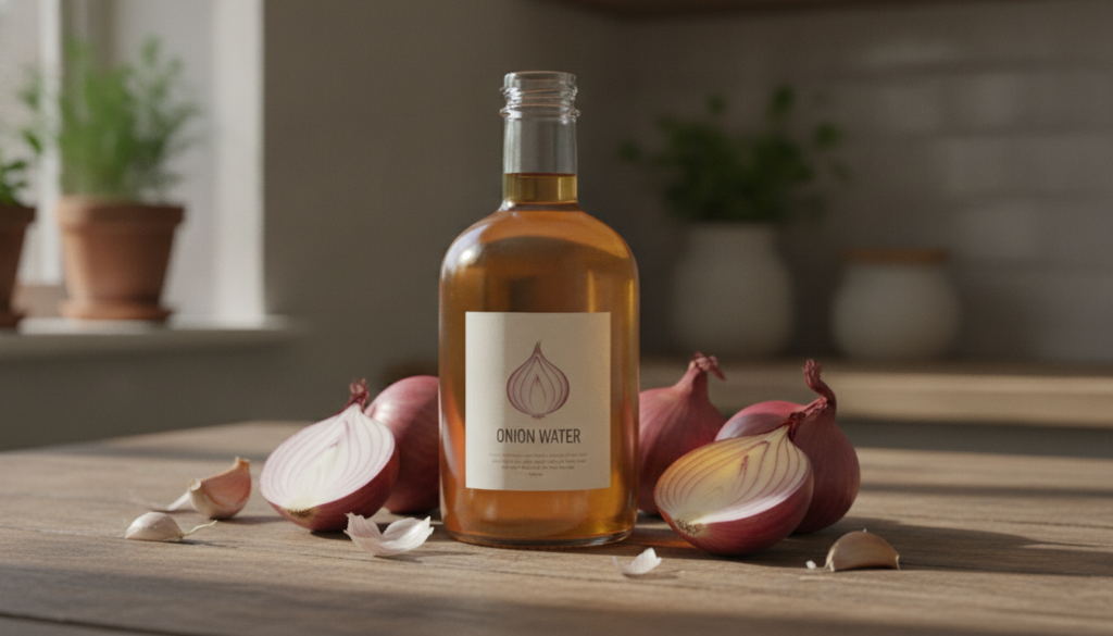 A clear glass bottle filled with a golden-hued onion water with fresh red onions and garlic cloves placed around it on a