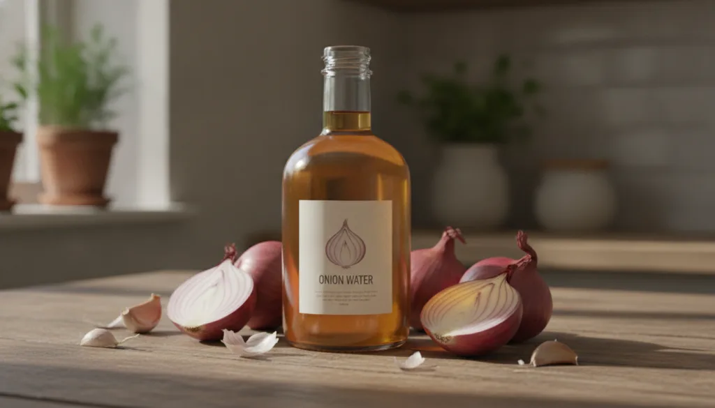A clear glass bottle filled with a golden-hued onion water with fresh red onions and garlic cloves placed around it on a