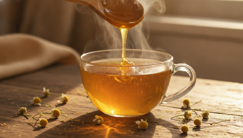 A cozy mug of chamomile tea with a spoon of honey on a rustic wooden table with dried chamomile flowers scattered around