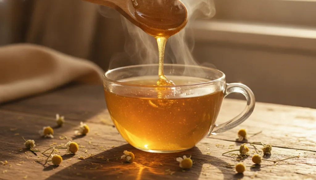 A cozy mug of chamomile tea with a spoon of honey on a rustic wooden table with dried chamomile flowers scattered around