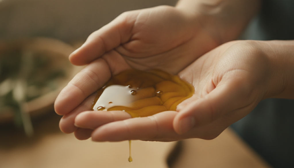 A close-up of a person s hands gently warming a few drops of olive oil between their palms with a soft focus on the oil