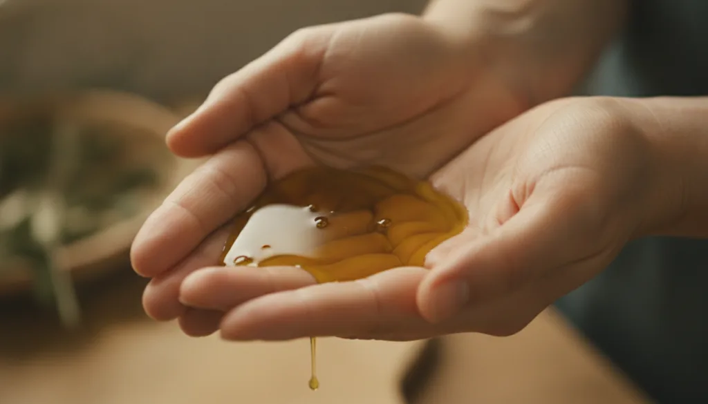 A close-up of a person s hands gently warming a few drops of olive oil between their palms with a soft focus on the oil