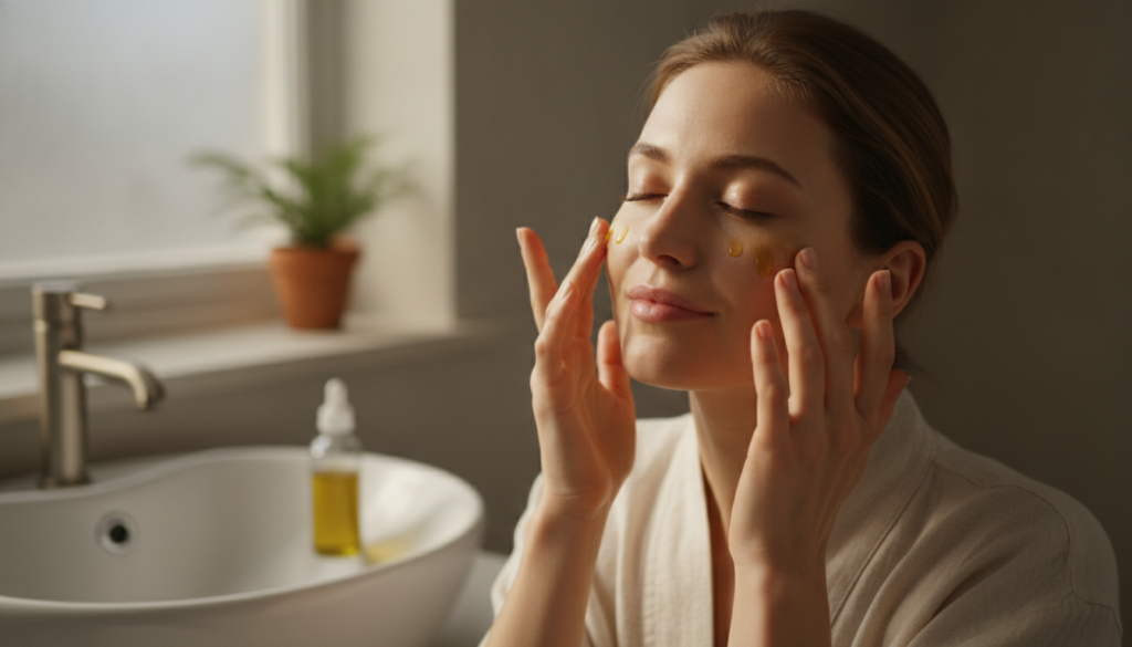 A woman gently massaging a few drops of olive oil onto her face in the morning with soft natural light emphasizing a fre