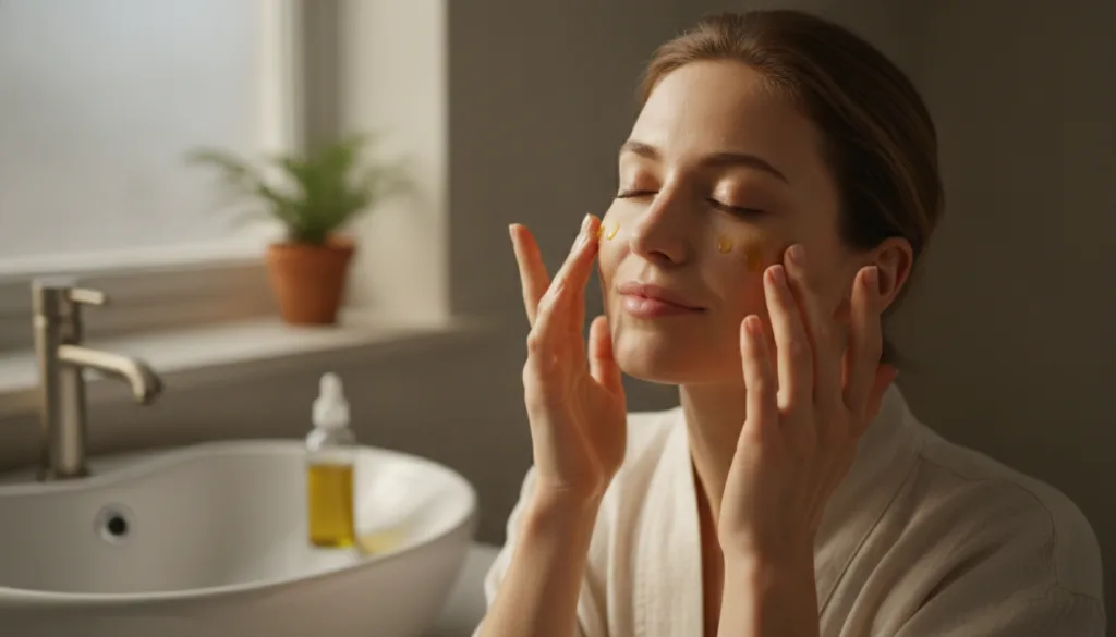 A woman gently massaging a few drops of olive oil onto her face in the morning with soft natural light emphasizing a fre