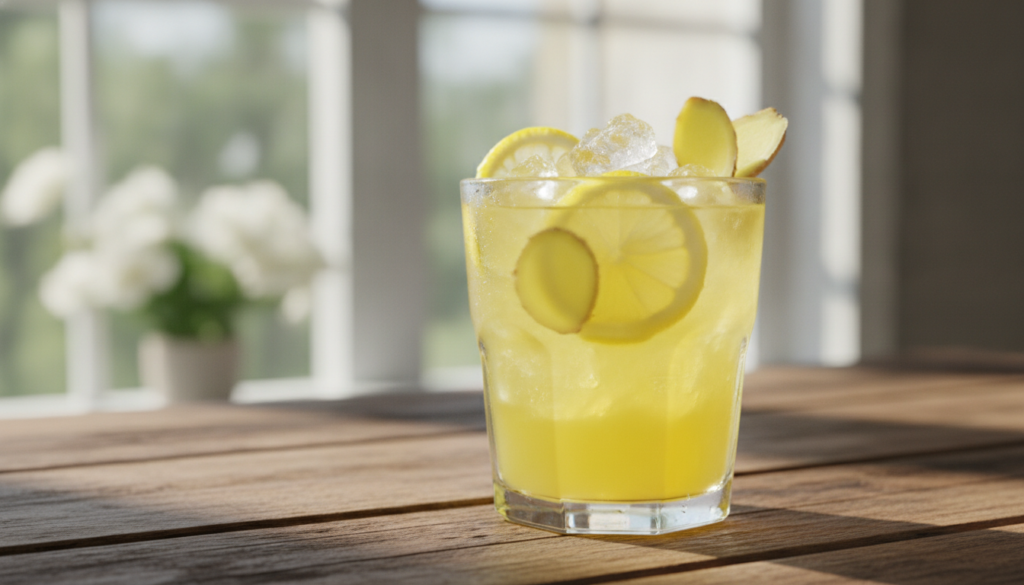 A refreshing vibrant yellow drink in a glass with lemon slices and ginger suggesting natural headache relief